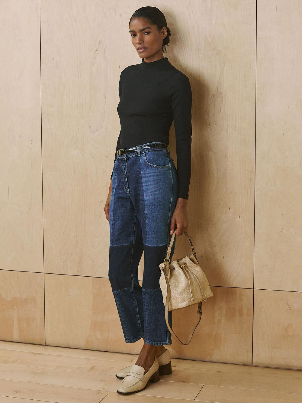 Reiss Straight-Leg Patchwork Jeans In Mid Blue