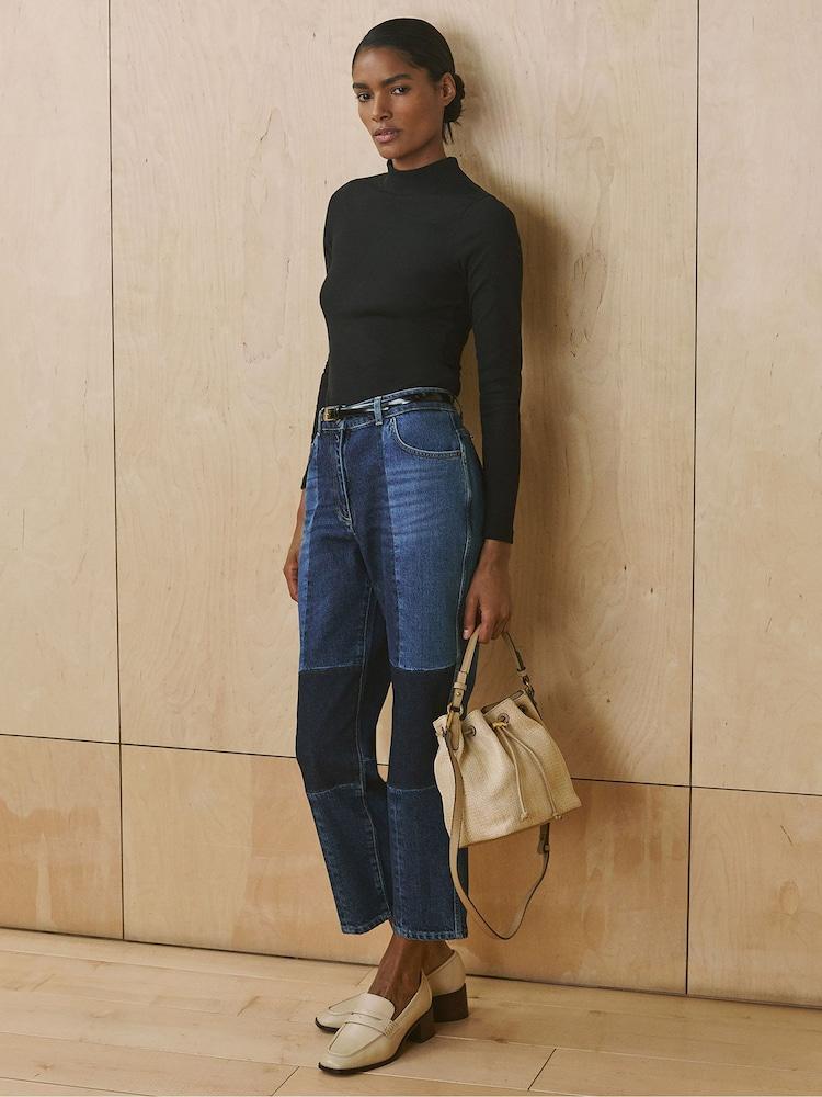 reiss Straight-Leg Patchwork Jeans in Mid Blue