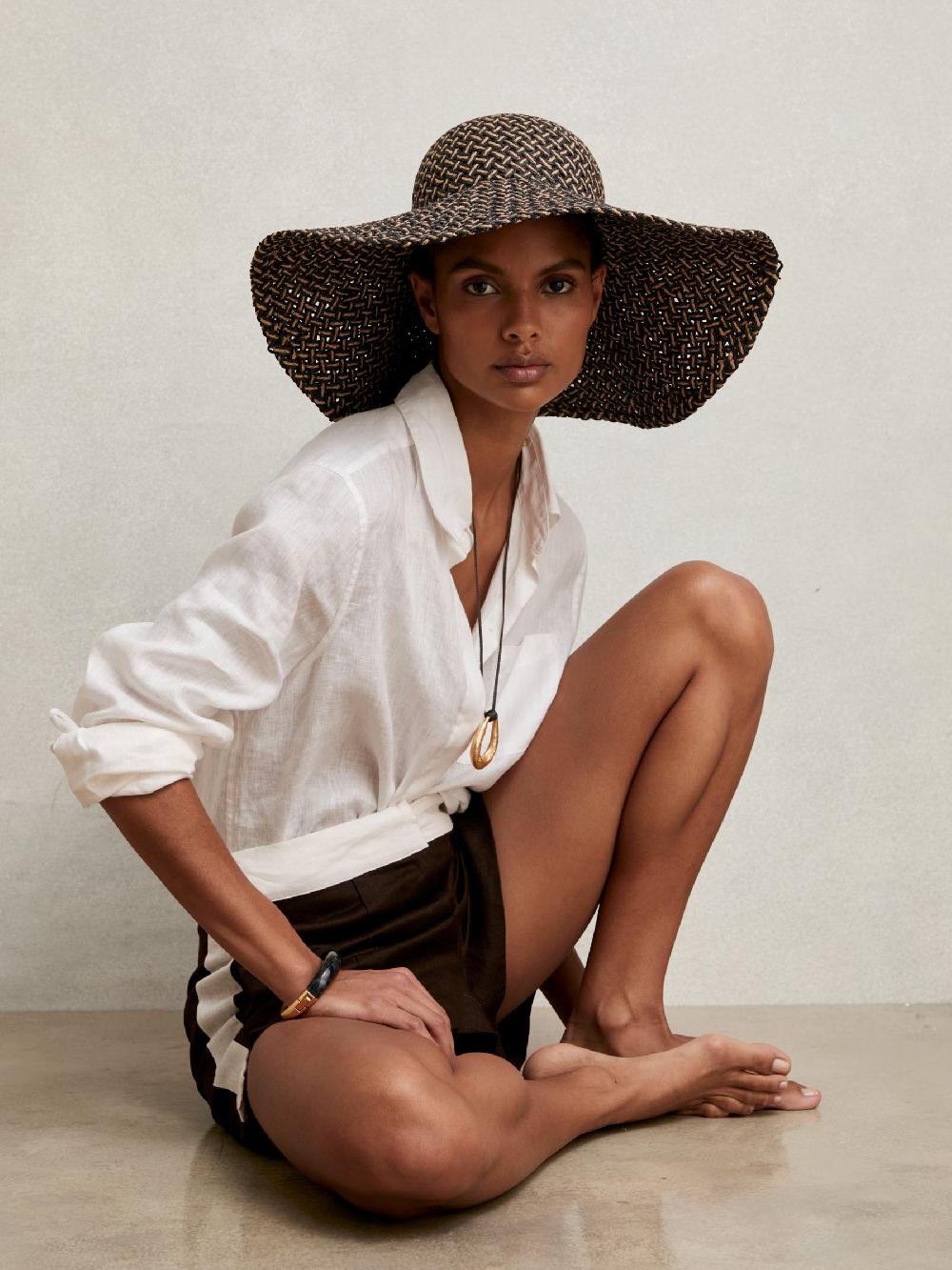 Reiss Straw Basket-Weave Sun Hat In Black/Natural