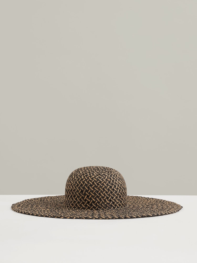reiss Straw Basket-Weave Sun Hat in Black/Natural