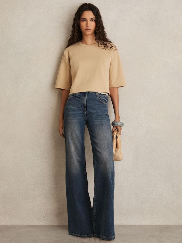 reiss Stretch-Cotton Cropped T-Shirt in Sand