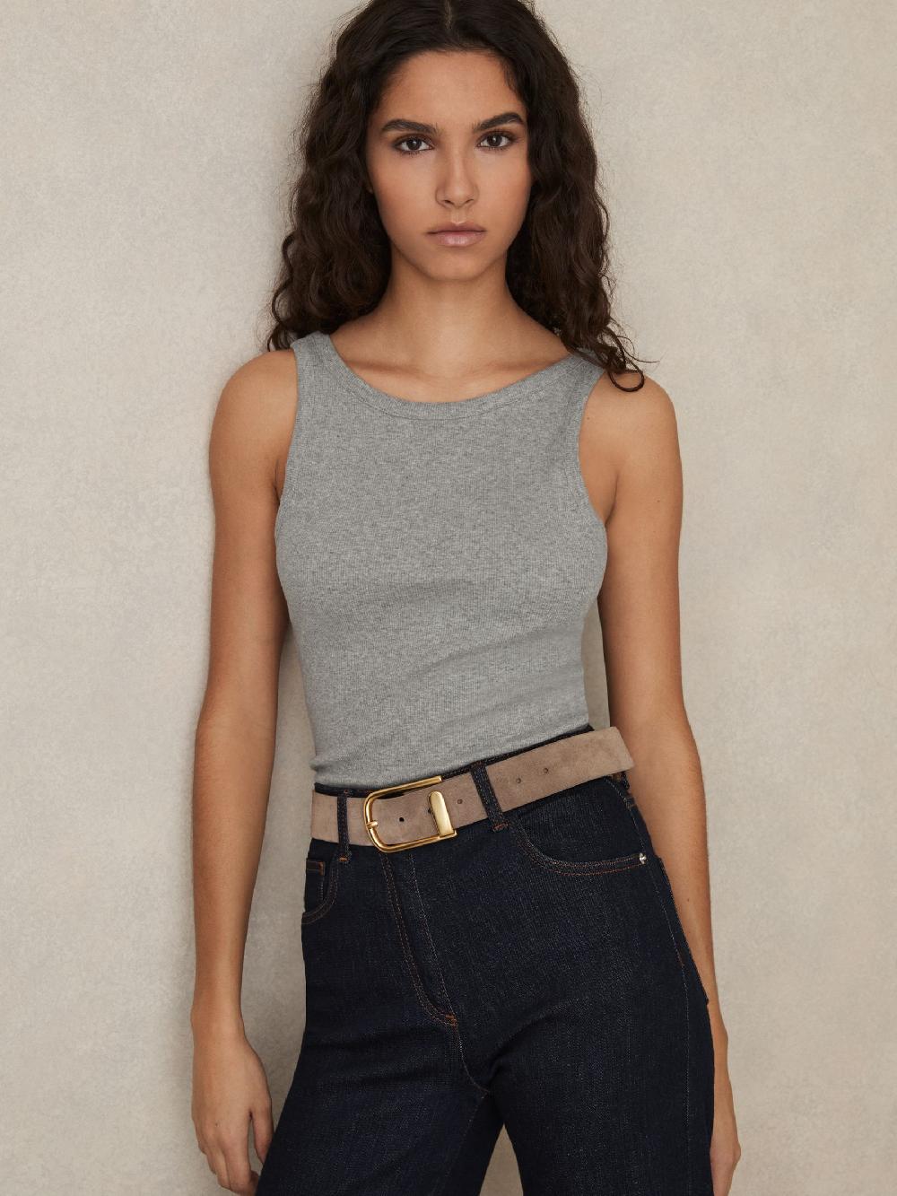 Reiss Stretch-Cotton Low-Back Vest In Grey Marl