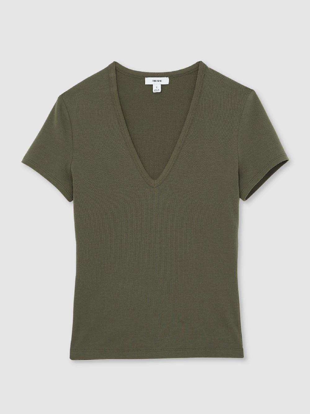Reiss Stretch Cotton V-Neck T-Shirt In Khaki Green