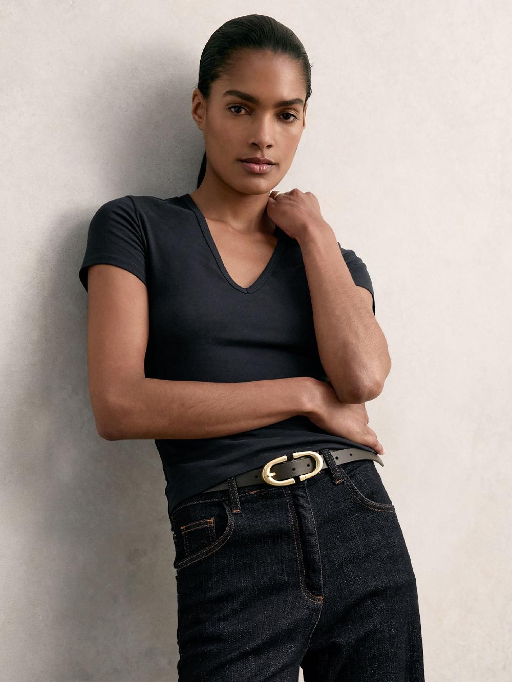 Reiss Stretch Cotton V-Neck T-Shirt In Navy