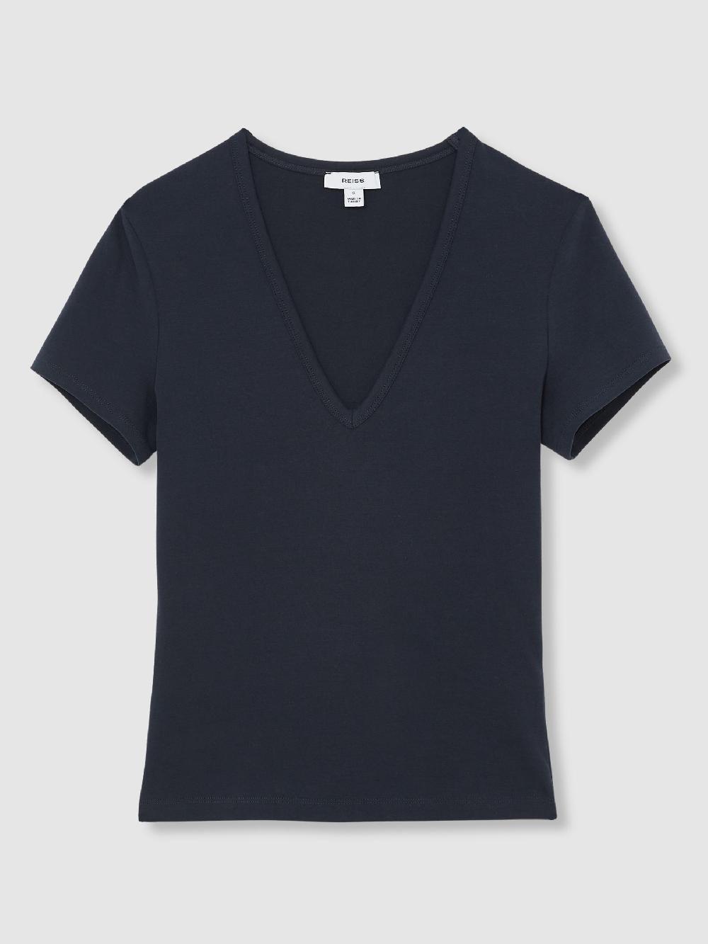Reiss Stretch Cotton V-Neck T-Shirt In Navy