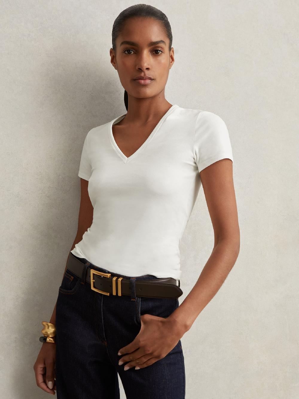 Reiss Stretch Cotton V-Neck T-Shirt In White