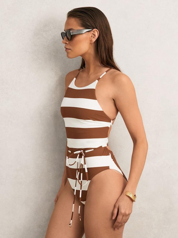 reiss Stripe Cross-Back Swimsuit in Brown/White