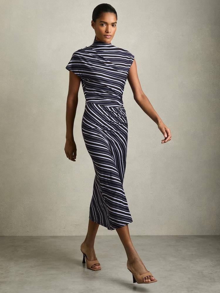 reiss Stripe-Print Draped Midi Dress in Blue