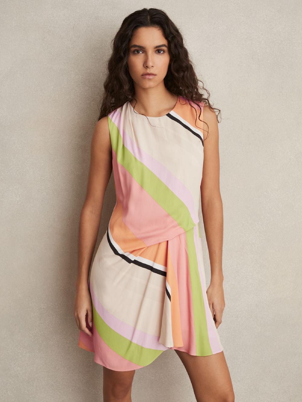 Reiss Stripe-Print Tuck Mini Dress In Pink/Green
