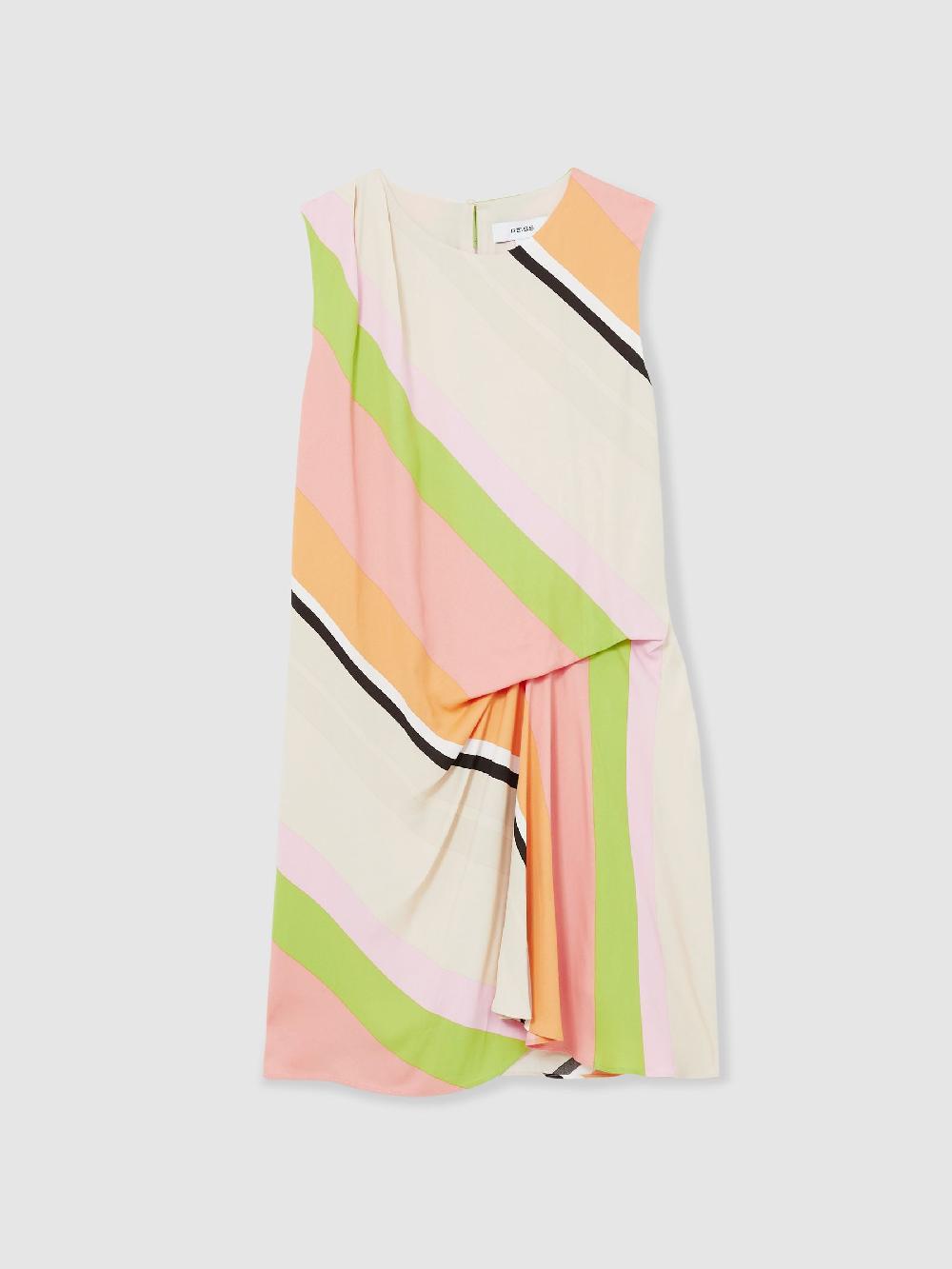 Reiss Stripe-Print Tuck Mini Dress In Pink/Green
