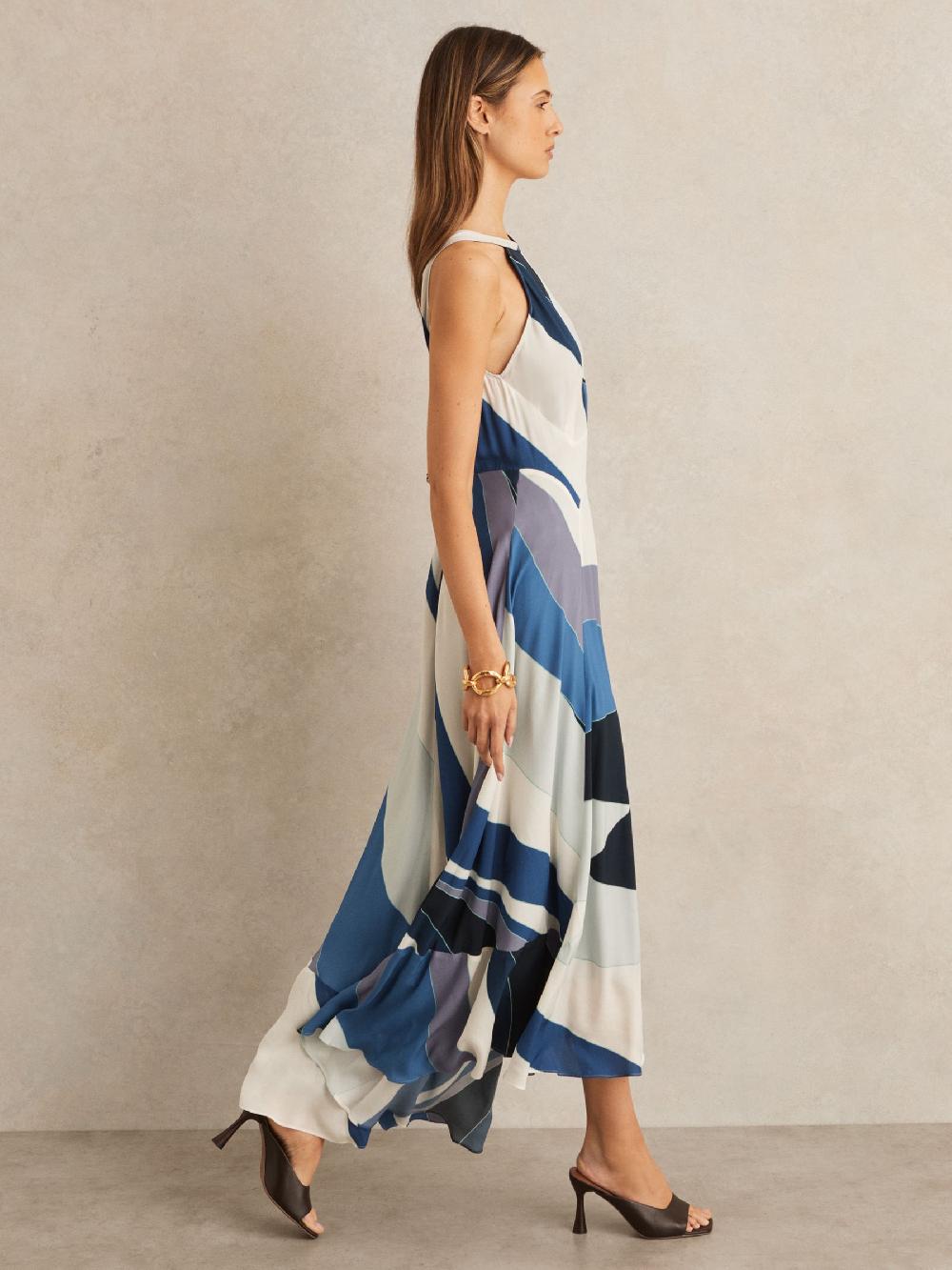 Reiss Stripe Print V-Back Midi Dress In Blue