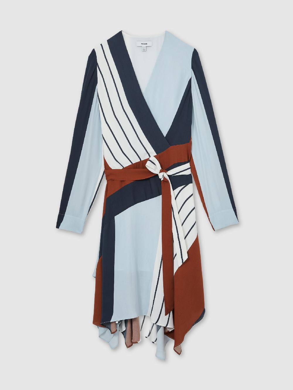 Reiss Stripe-Print Wrap Dress In Navy/Brown