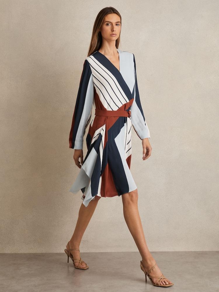 reiss Stripe-Print Wrap Dress in Navy/Brown