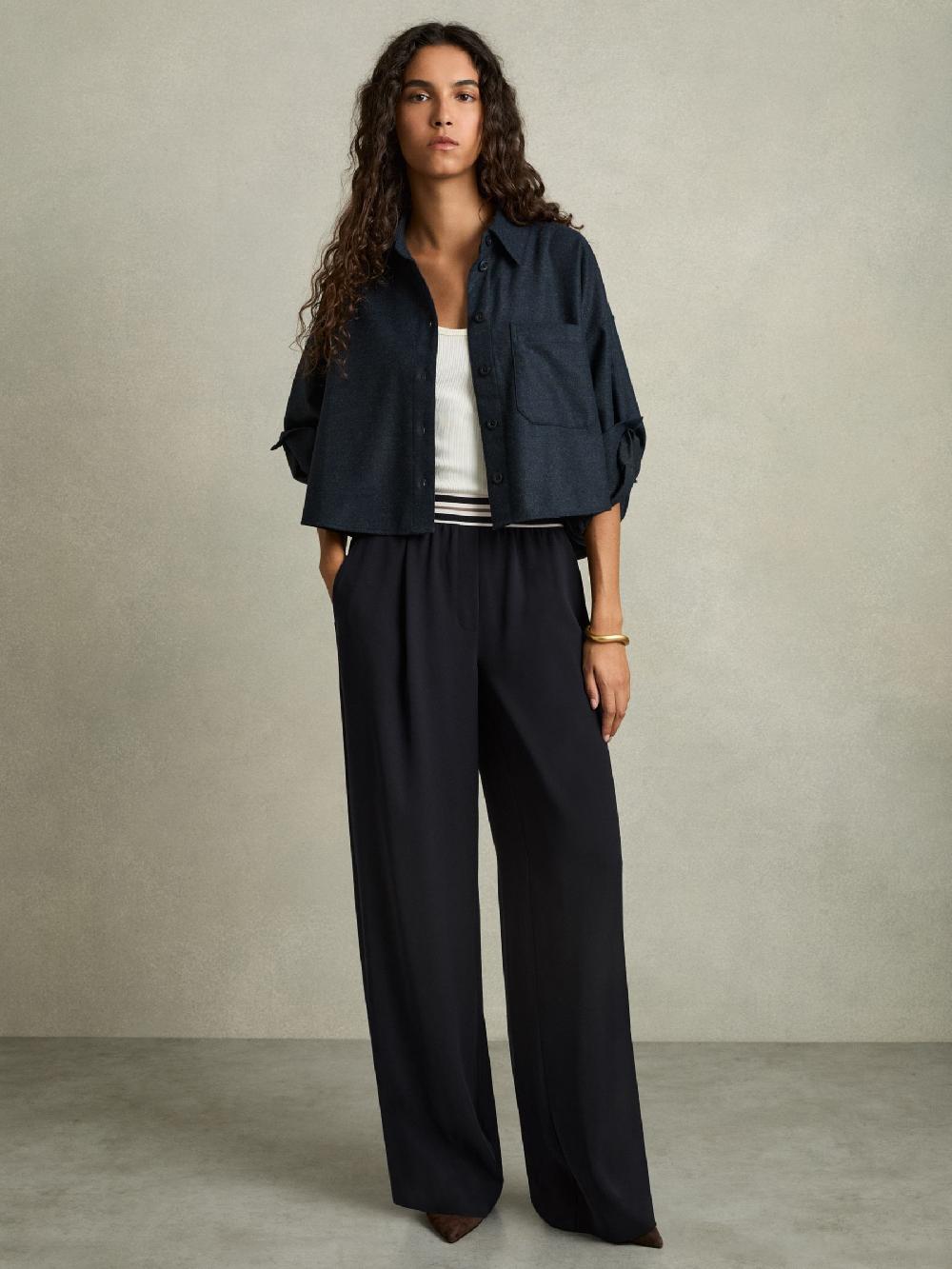 Reiss Stripe-Waistband Wide-Leg Trousers In Navy
