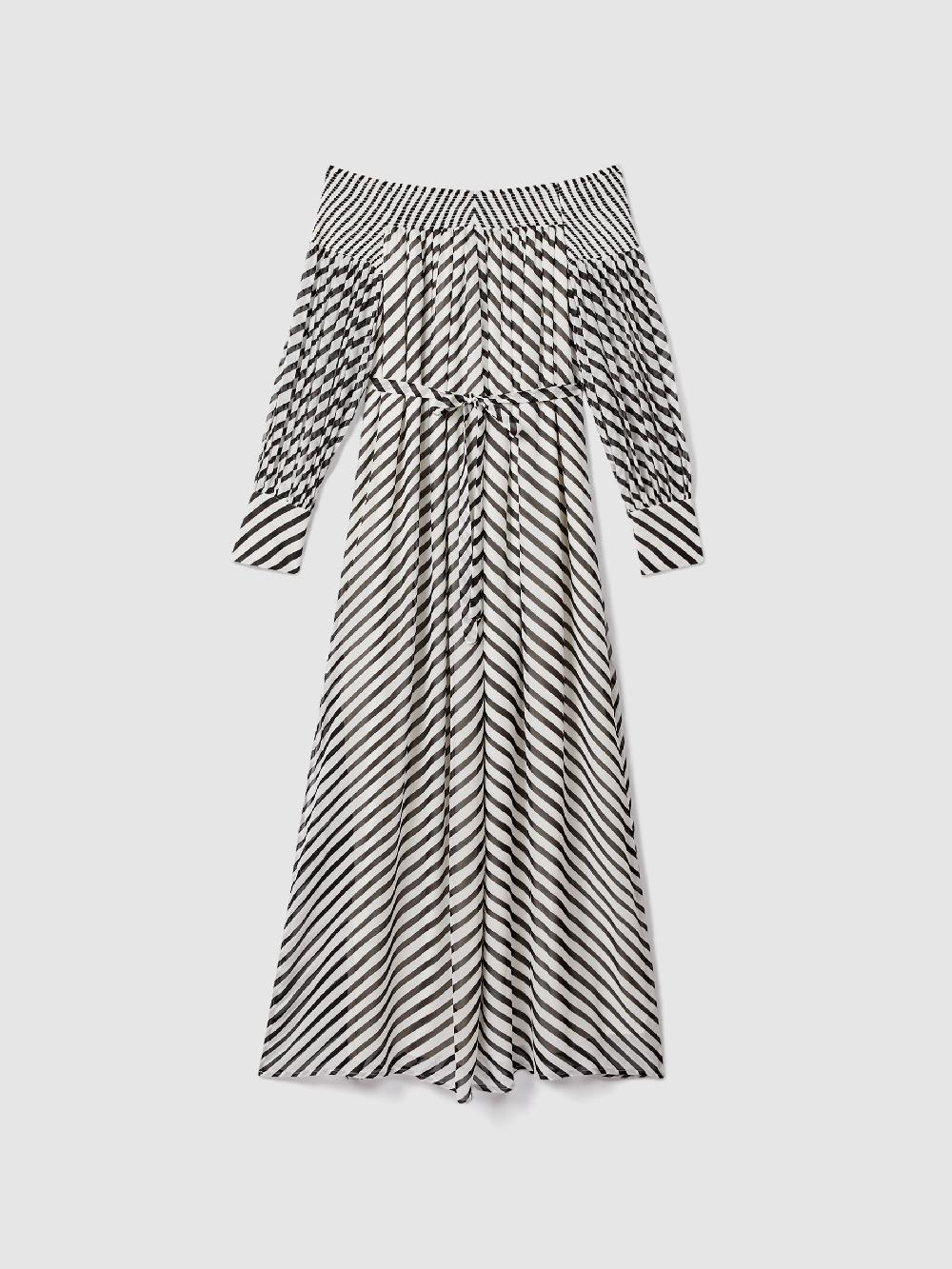 Reiss Striped Bardot Maxi Dress In Black/Cream