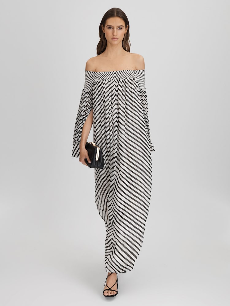 reiss Striped Bardot Maxi Dress in Black/Cream