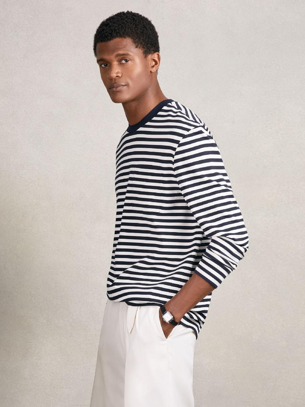 Reiss Striped Crew-Neck T-Shirt In Navy/White