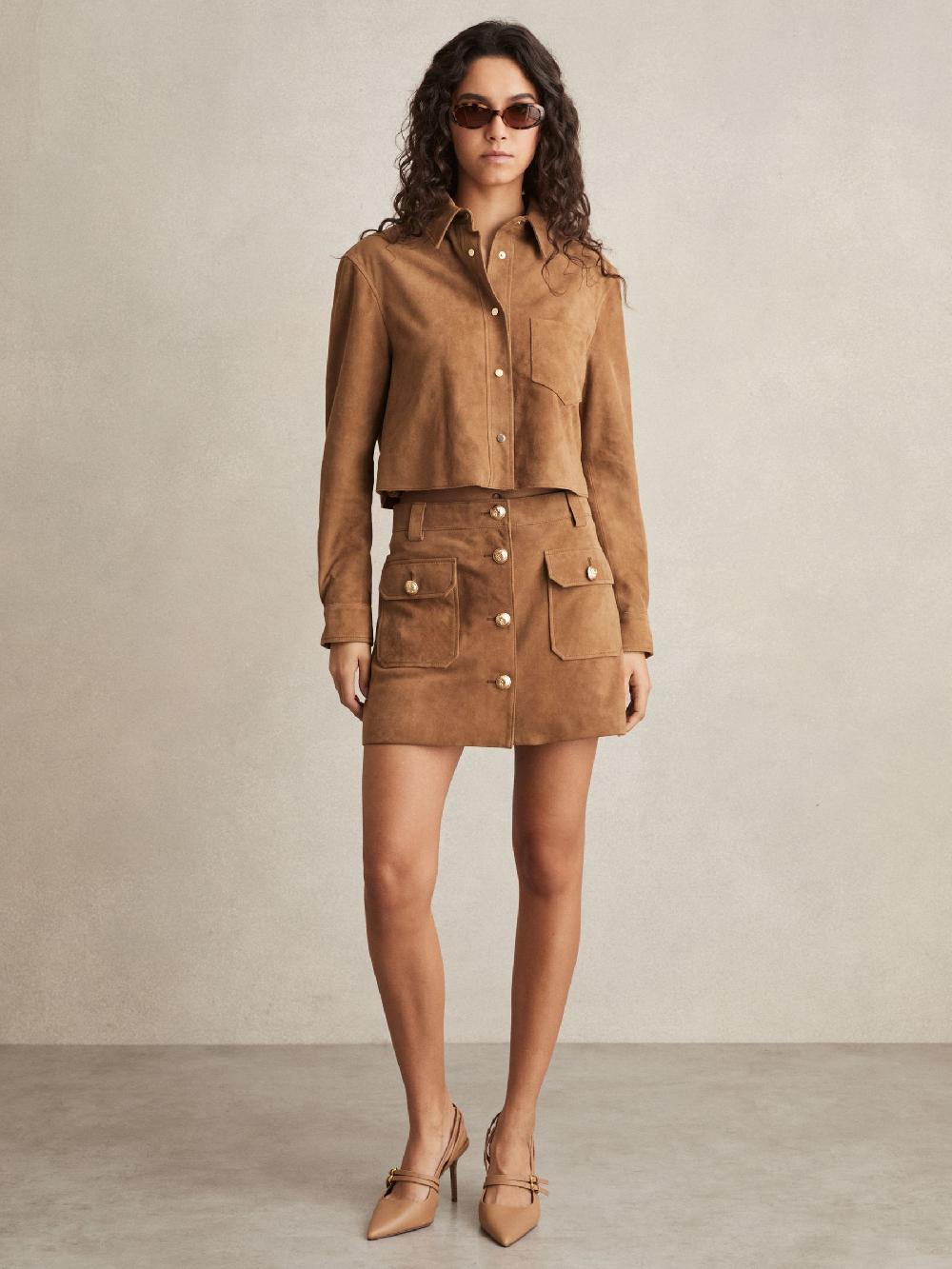 Reiss Suede Button-Through Mini Skirt In Tan