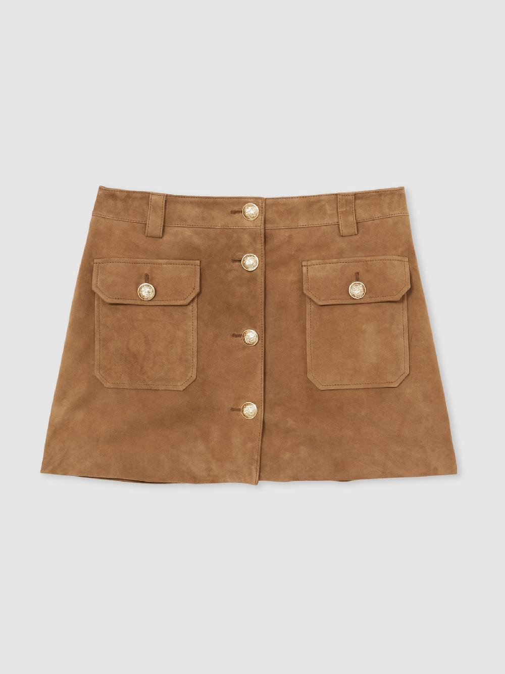 Reiss Suede Button-Through Mini Skirt In Tan