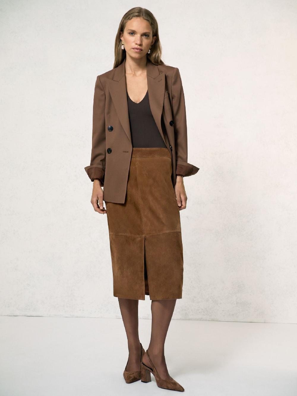 Reiss Suede Straight-Fit Midi Skirt In Tan Brown