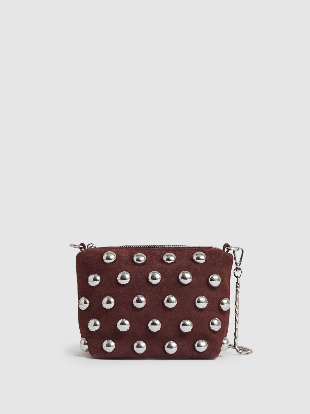 Reiss Suede Studded Shoulder Bag In Oxblood