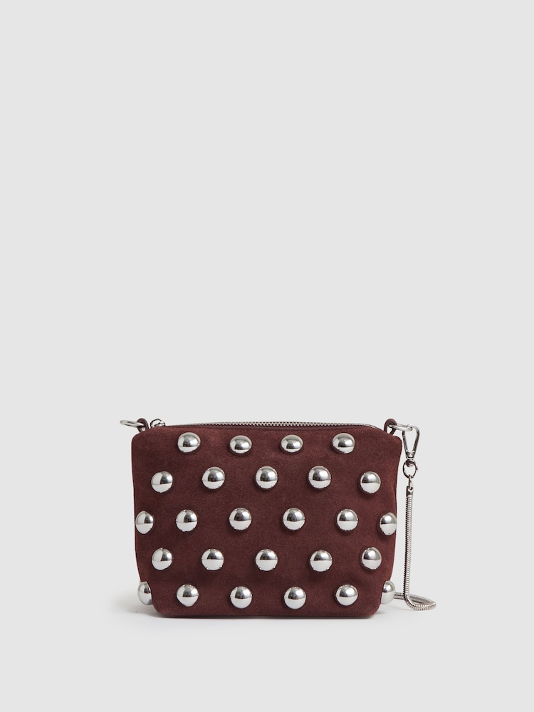 reiss Suede Studded Shoulder Bag in Oxblood