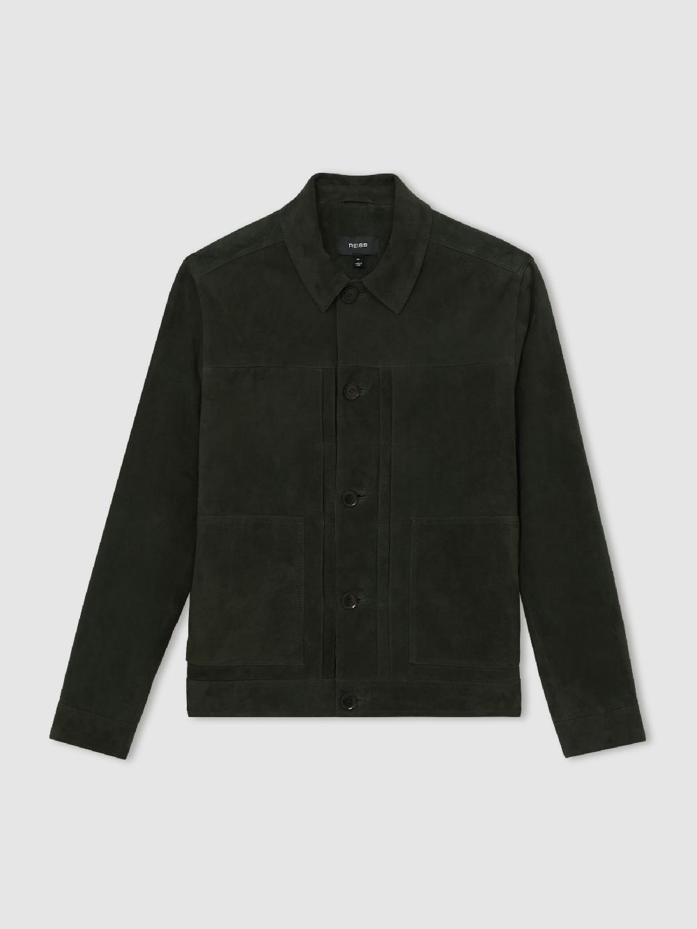 Reiss Suede Worker Jacket In Dark Green