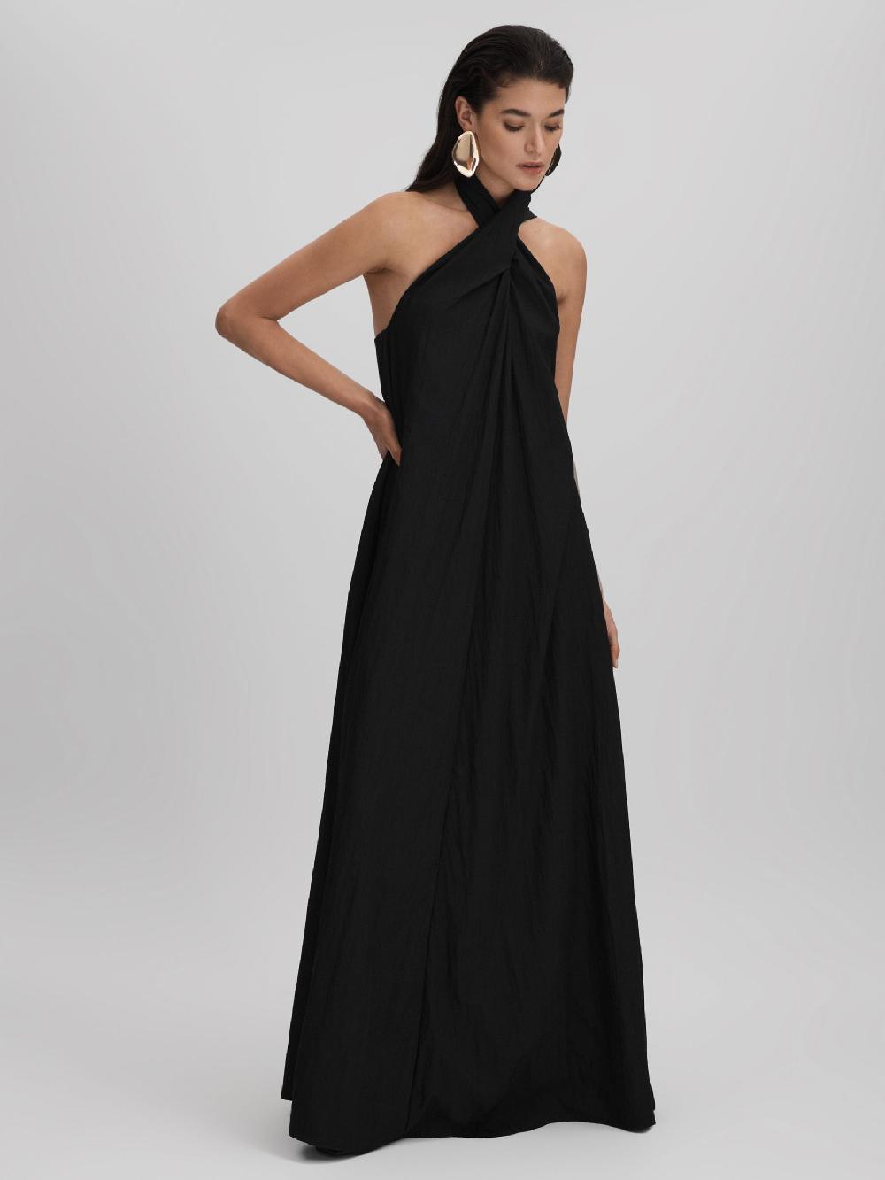 Reiss Taffeta Halter Neck Maxi Dress In Black