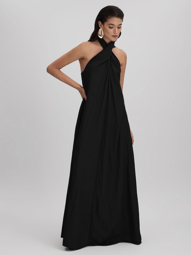 reiss Taffeta Halter Neck Maxi Dress in Black