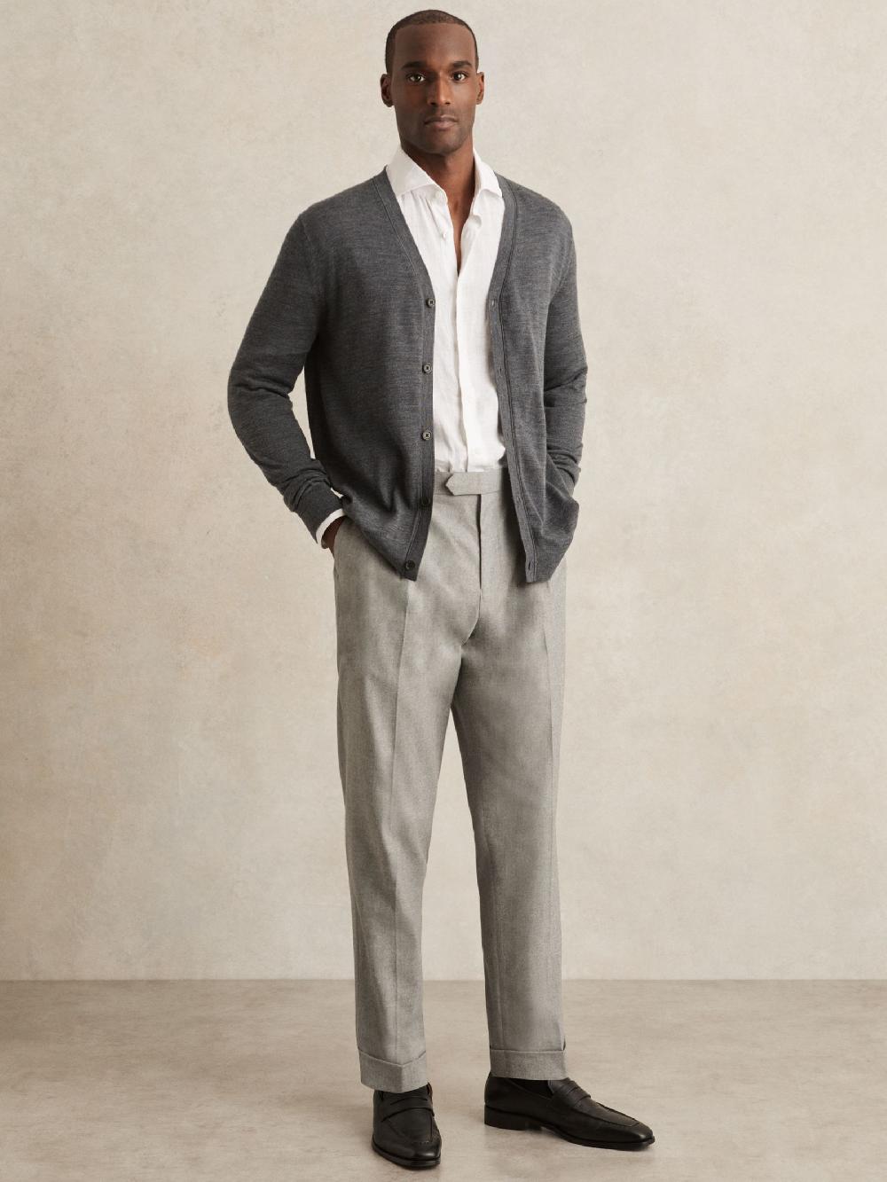 Reiss Tailored-Fit Herringbone Trousers In Grey