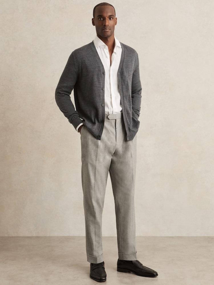 reiss Tailored-Fit Herringbone Trousers in Grey
