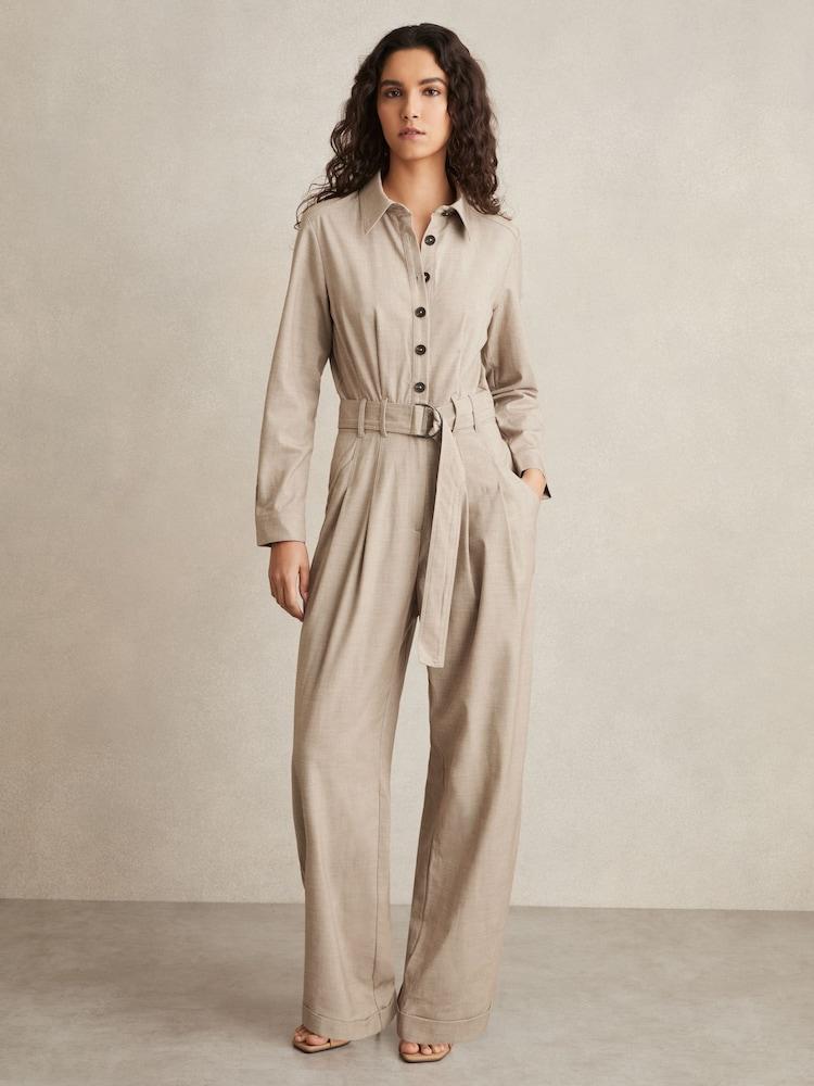 reiss Tailored Wide Leg Jumpsuit in Neutral