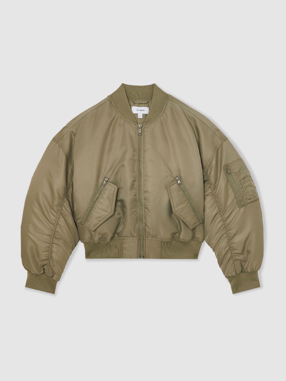 Reiss Technical Puffer Bomber Jacket In Khaki
