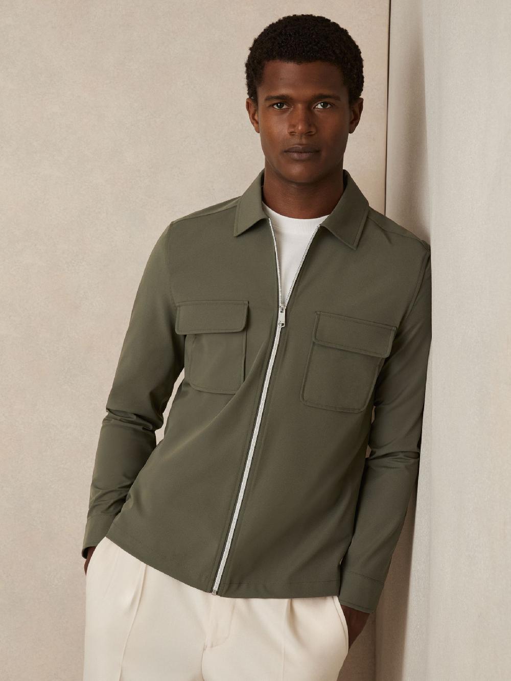 Reiss Technical Zip-Through Overshirt In Green