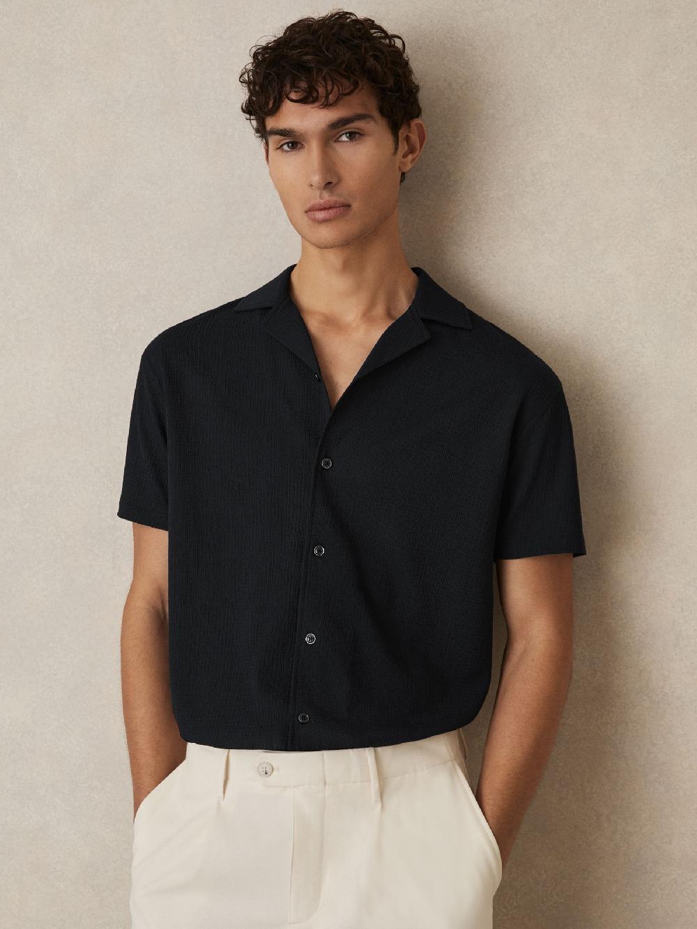 Reiss Textured Crepe Cuban Collar Shirt In Navy