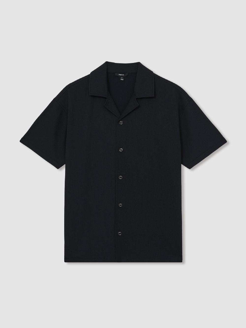 Reiss Textured Crepe Cuban Collar Shirt In Navy