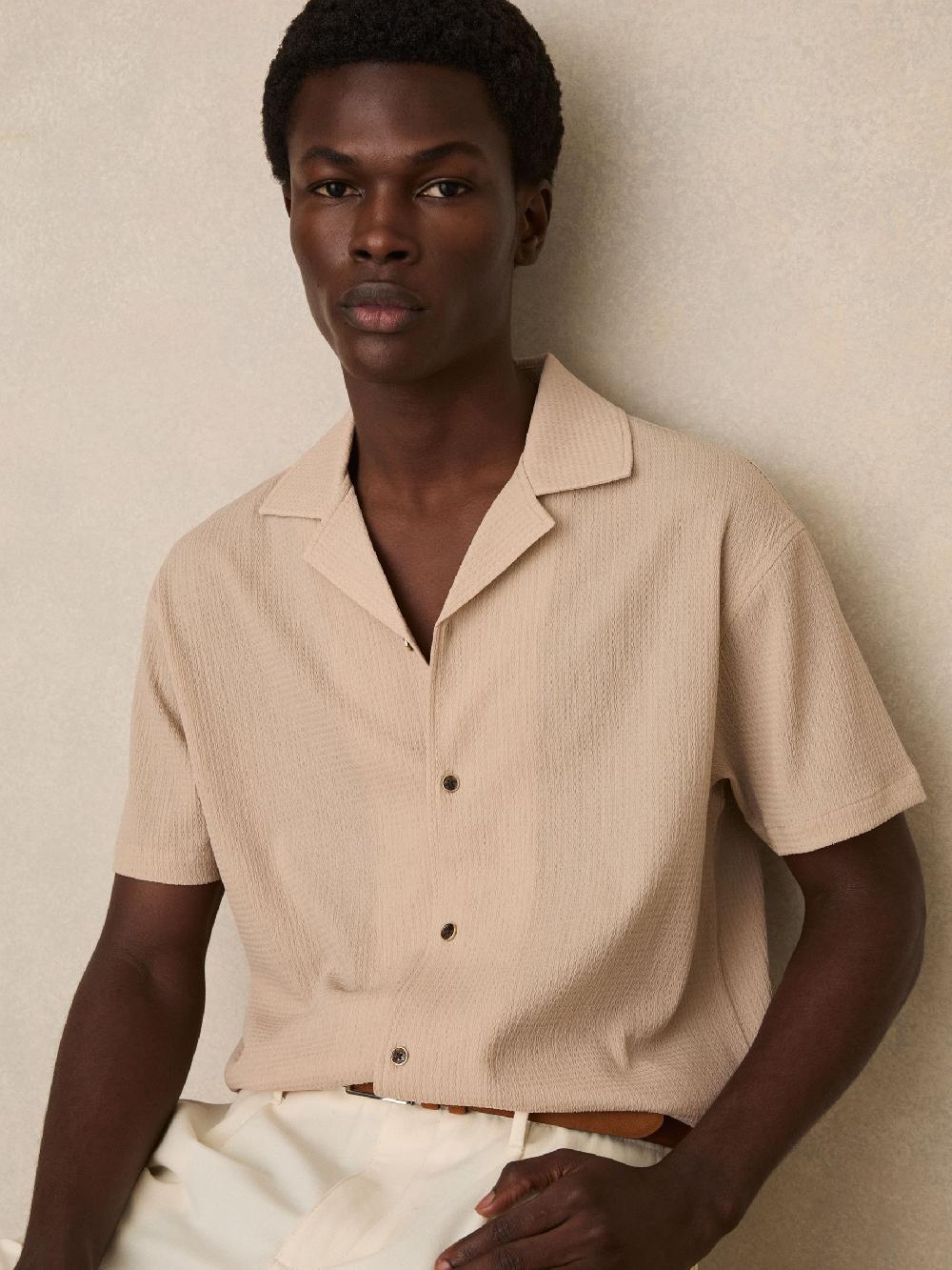 Reiss Textured Crepe Cuban Collar Shirt In Oatmeal