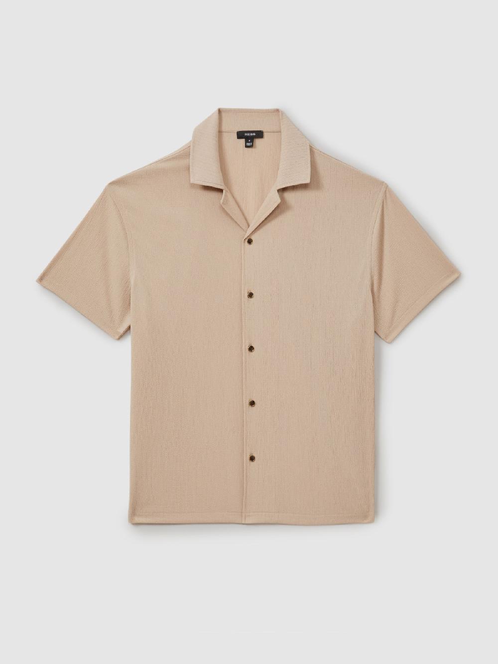 Reiss Textured Crepe Cuban Collar Shirt In Oatmeal
