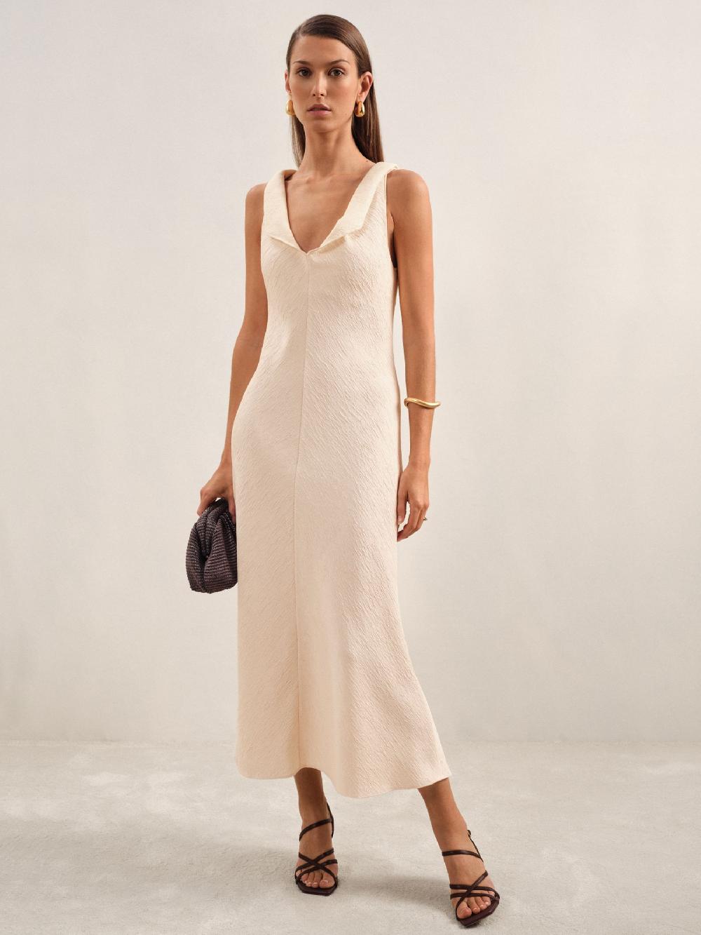 Reiss Textured Drape-Neck Midi Dress In Cream