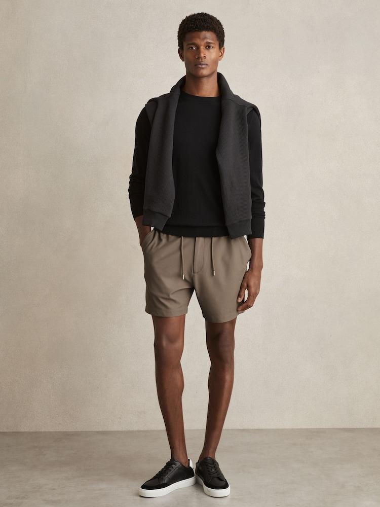 reiss Textured Drawstring Shorts in Mocha Brown