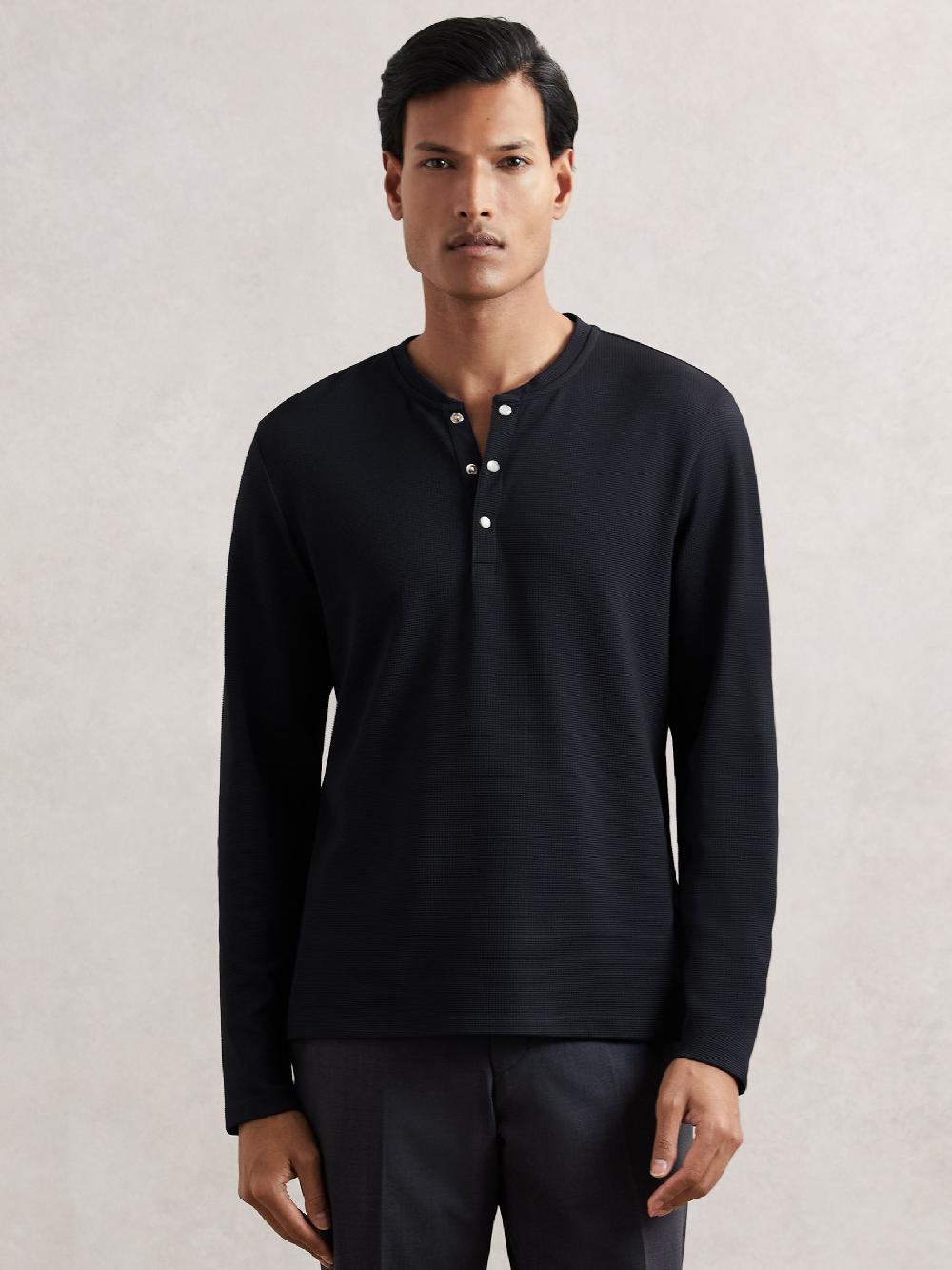 Reiss Textured Grandad-Collar Henley Shirt In Navy