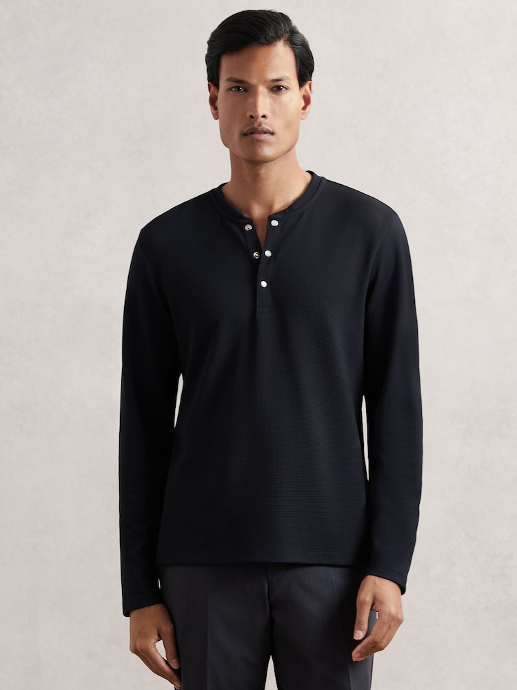 reiss Textured Grandad-Collar Henley Shirt in Navy