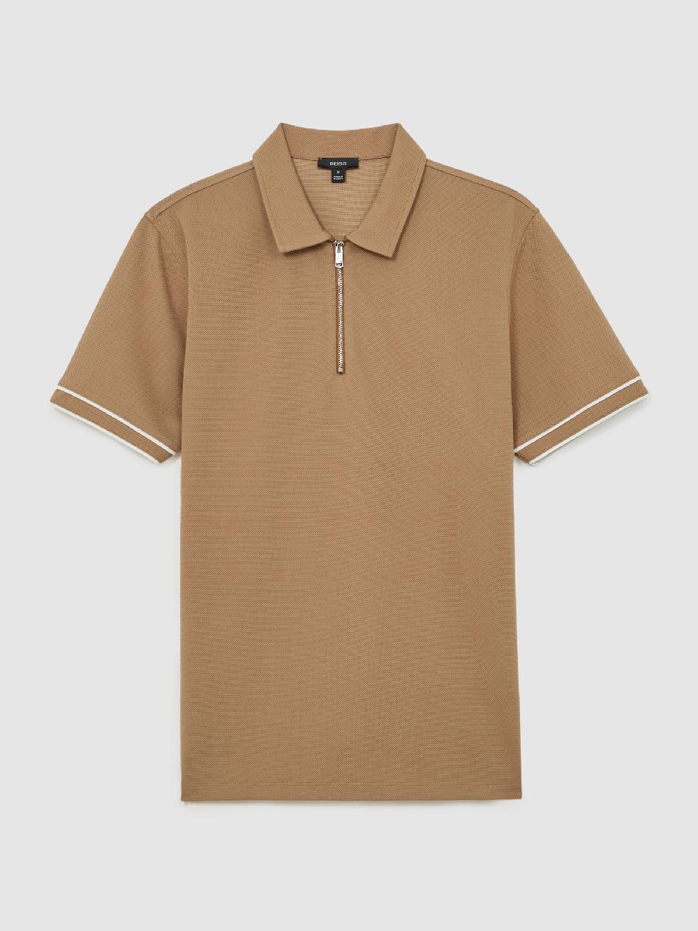 Reiss Textured Half-Zip Tipped Polo Shirt In Camel