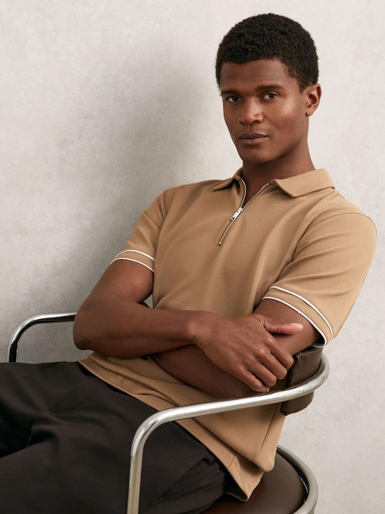 reiss Textured Half-Zip Tipped Polo Shirt in Camel
