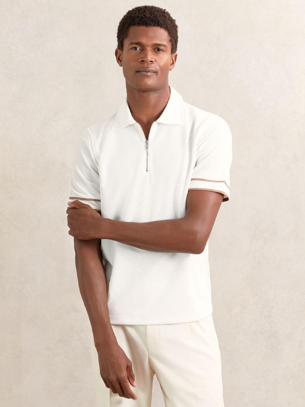 Reiss Textured Half-Zip Tipped Polo Shirt In White
