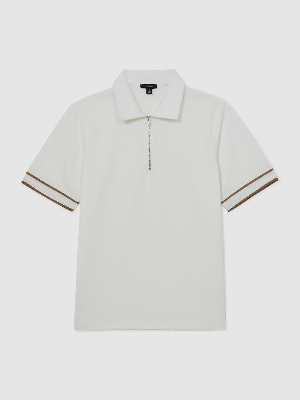 Reiss Textured Half-Zip Tipped Polo Shirt In White