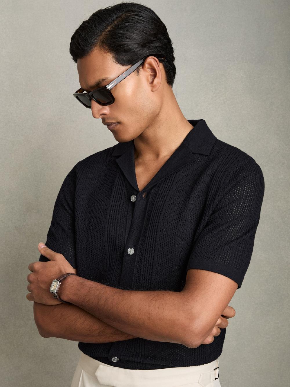 Reiss Textured-Knit Short-Sleeve Shirt In Navy