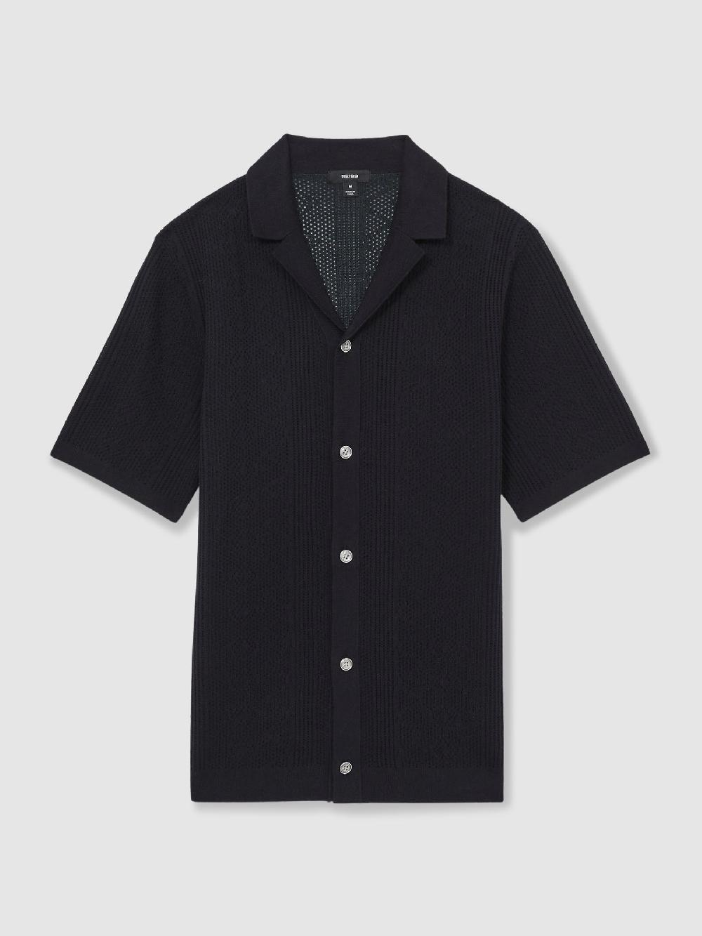 Reiss Textured-Knit Short-Sleeve Shirt In Navy