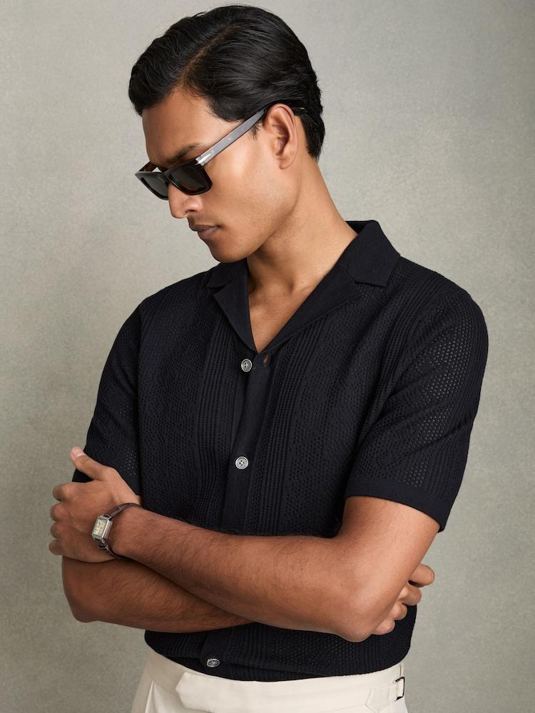 reiss Textured-Knit Short-Sleeve Shirt in Navy