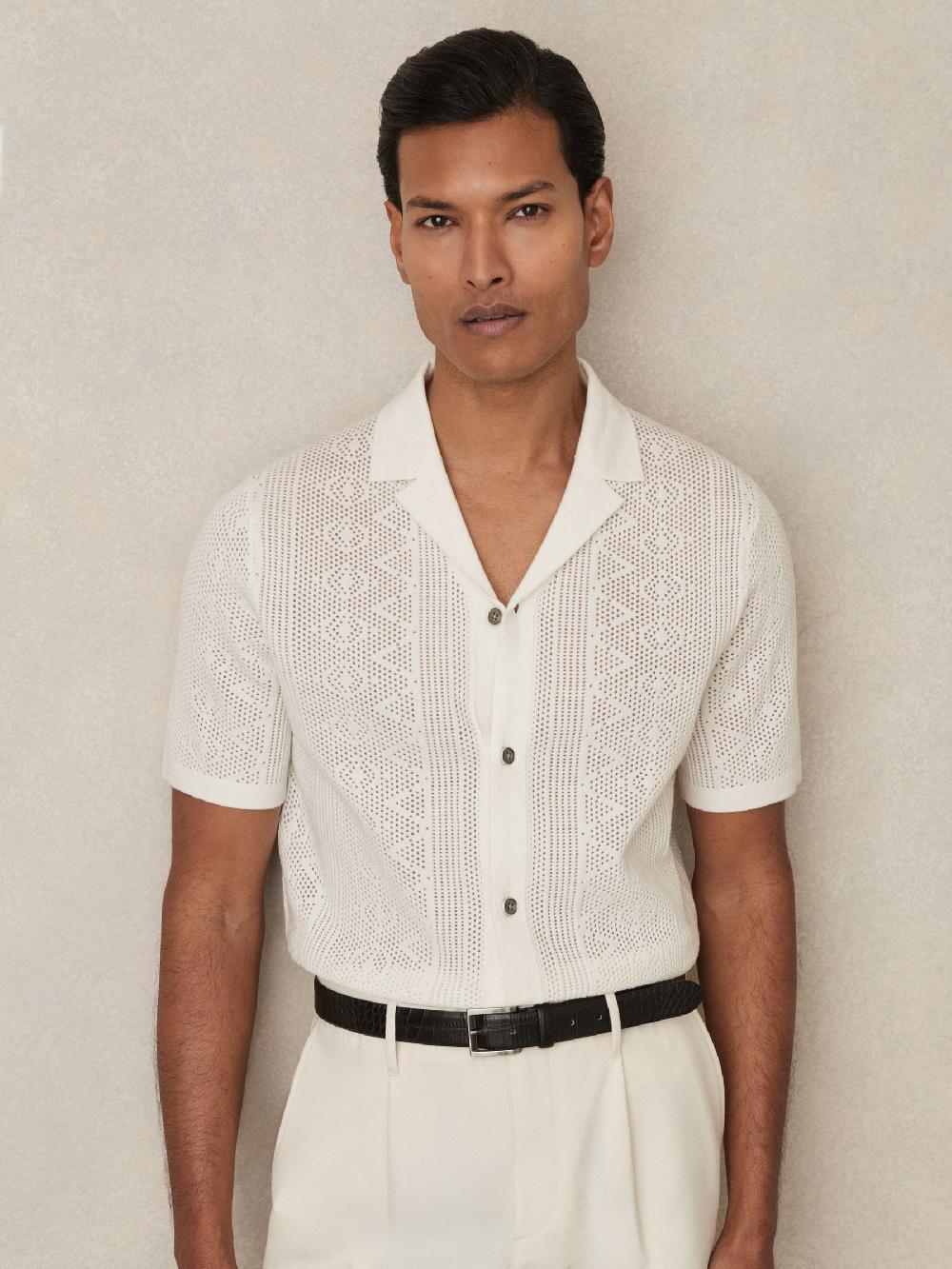 Reiss Textured-Knit Short-Sleeve Shirt In White